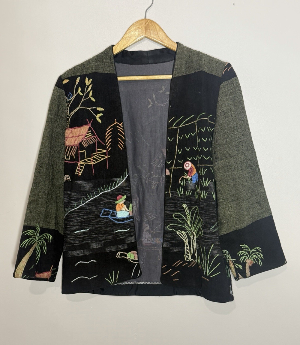 VTG Asian Village Rice Field Embroidered Open Jacket M Pagoda Hut Wearable Art